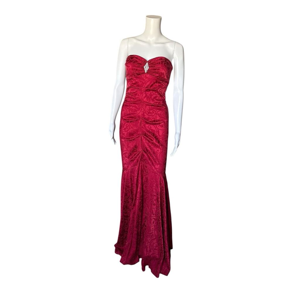 Xscape Red Strapless Brocade Mermaid Gown Rhinestone Formal Dress Size 4